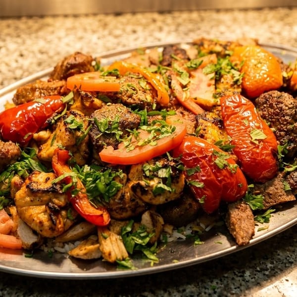 Large platter of grilled meats, roasted tomatoes, and fresh parsley on a granite countertop.