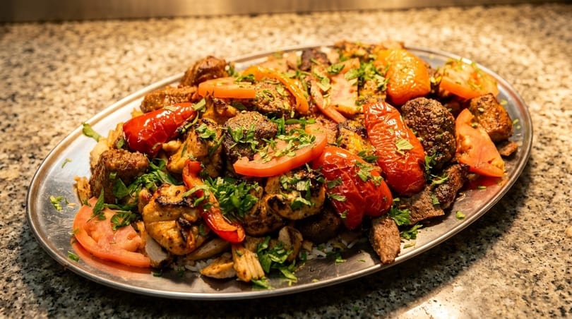 Large platter of grilled meats, roasted tomatoes, and fresh parsley on a granite countertop.