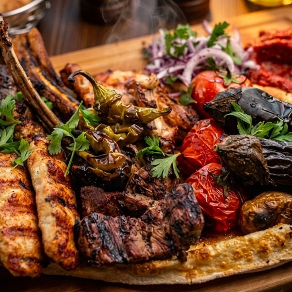 A large platter of grilled meats, vegetables, and flatbread, with steam rising from the food.