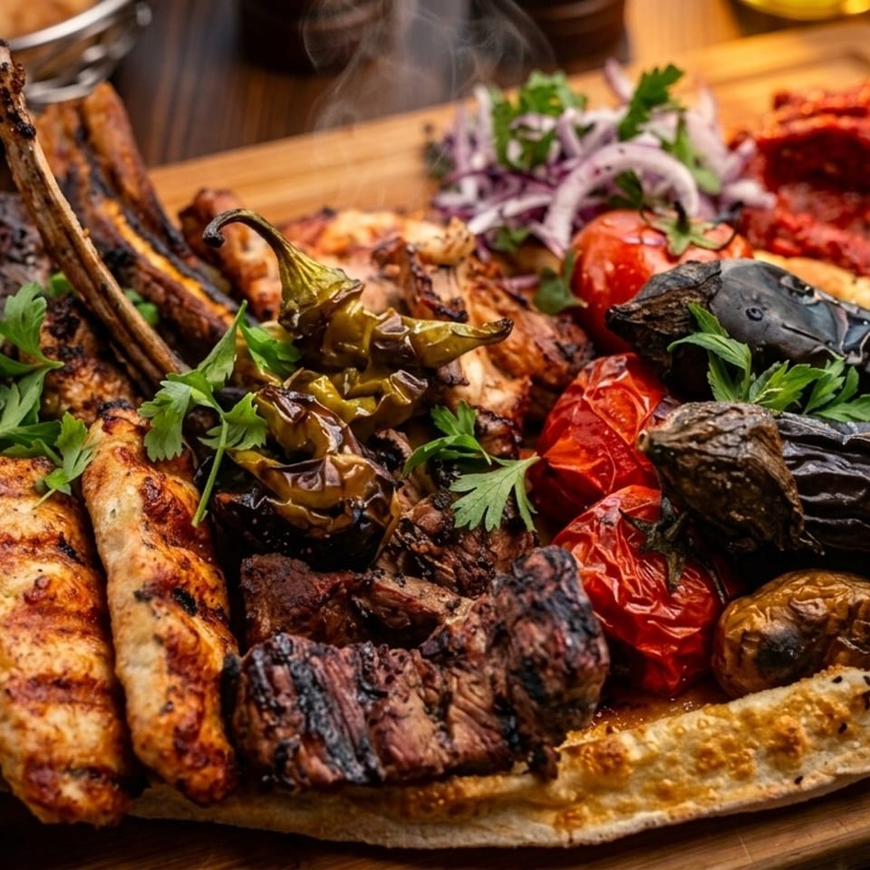 A large platter of grilled meats, vegetables, and flatbread, with steam rising from the food.