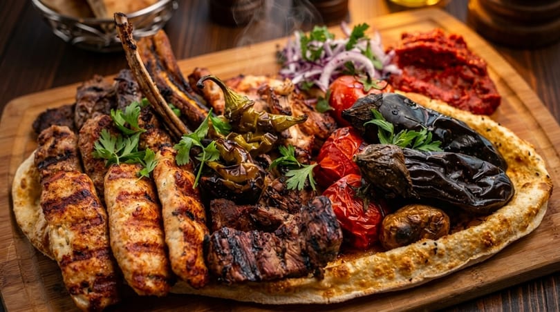 A large platter of grilled meats, vegetables, and flatbread, with steam rising from the food.