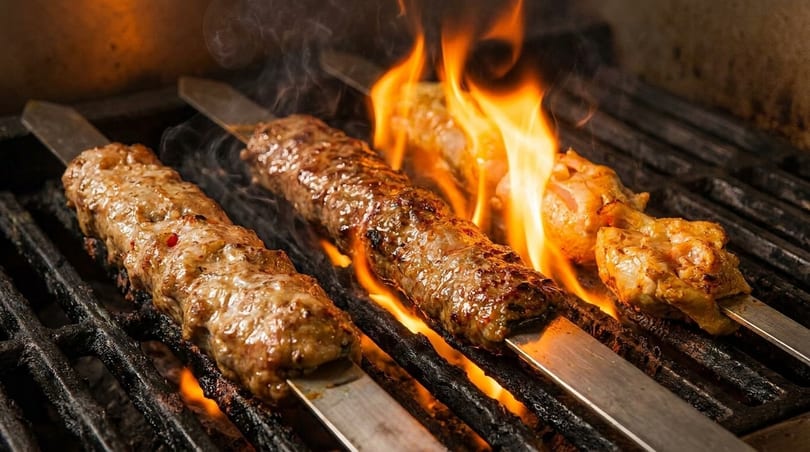 Three skewers of meat, two ground and one chicken, grilling over open flames on a barbecue.