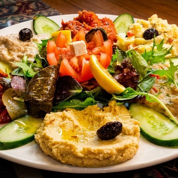 A vibrant mezze platter with hummus, baba ghanoush, stuffed grape leaves, and fresh vegetables.