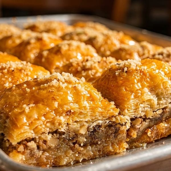 Close-up of a tray of golden-brown baklava squares, drizzled with syrup and sprinkled with nuts.
