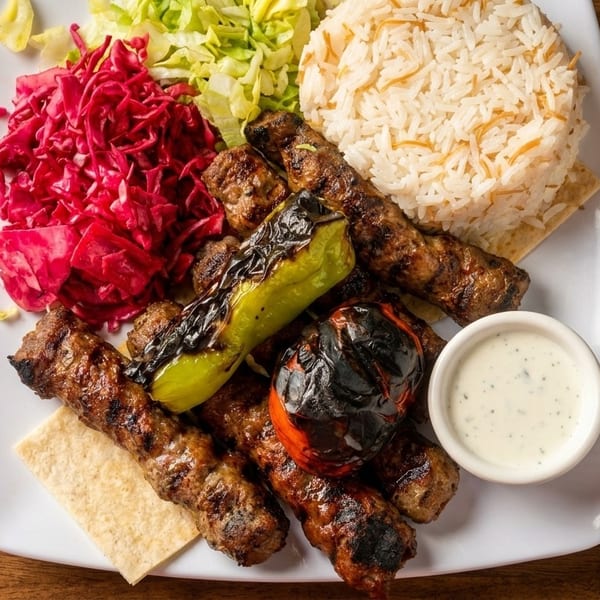 Grilled meat skewers with rice, red cabbage, green cabbage, grilled pepper, tomato, and sauce.