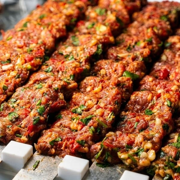 Raw, seasoned ground meat kebabs, vibrant with herbs and spices, arranged on skewers.