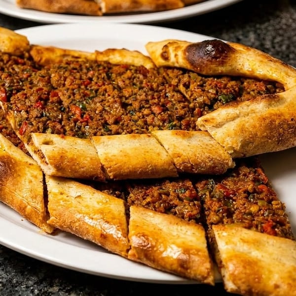 A boat-shaped pide, a Turkish flatbread, filled with minced meat and vegetables, served on a white plate.